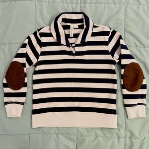 Striped Navy and White Sweater with Brown Elbow Patches